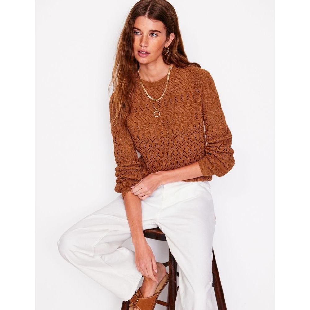 Boden Pointelle Knit Sweater Women Medium Brown Excellent Raglan Cotton Pullover